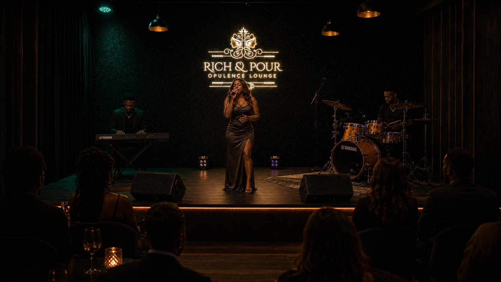 Guests watch a vocalist perform on the raised Rich and Pour stage with a keyboardist, drummer, and illuminated lounge sign